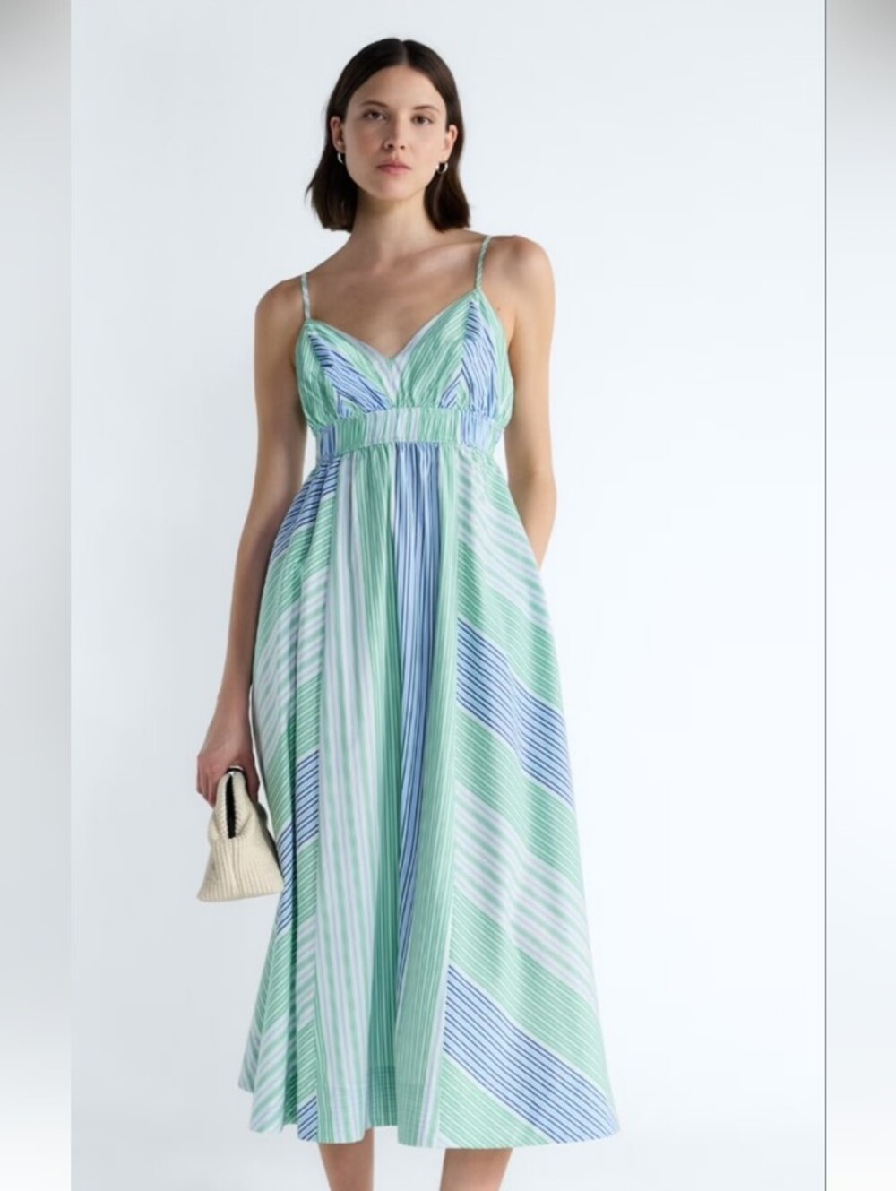 Free Assembly Striped V-Neck Spaghetti Strap Midi Dress in Mint & Blue